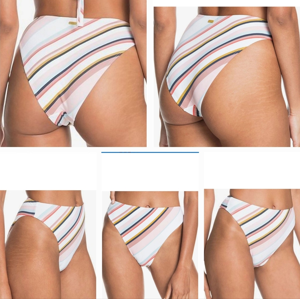 ROXY white/blue/pink stripe hi-cut, hi-rise bikini bottoms Size Large